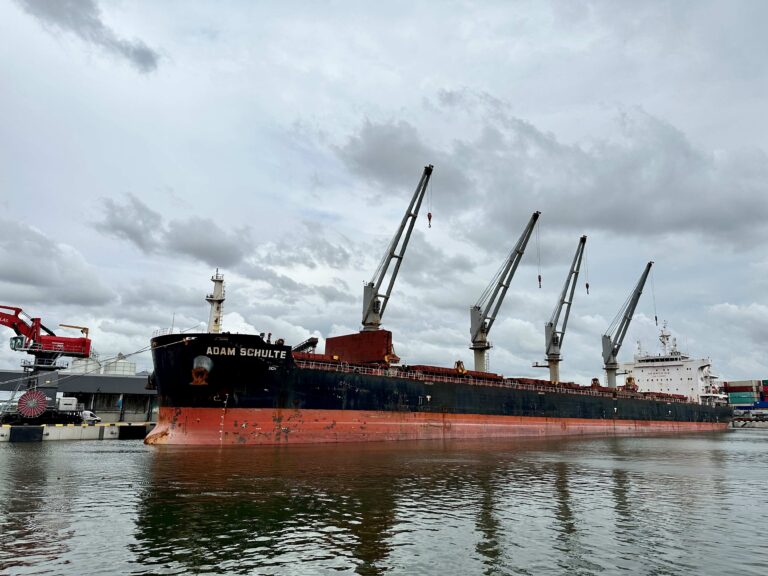 The first harvest of grain is loaded onto a ship
